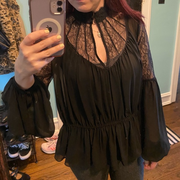 Express Tops - Victorian Express Top, black with lace detail and bell sleeves